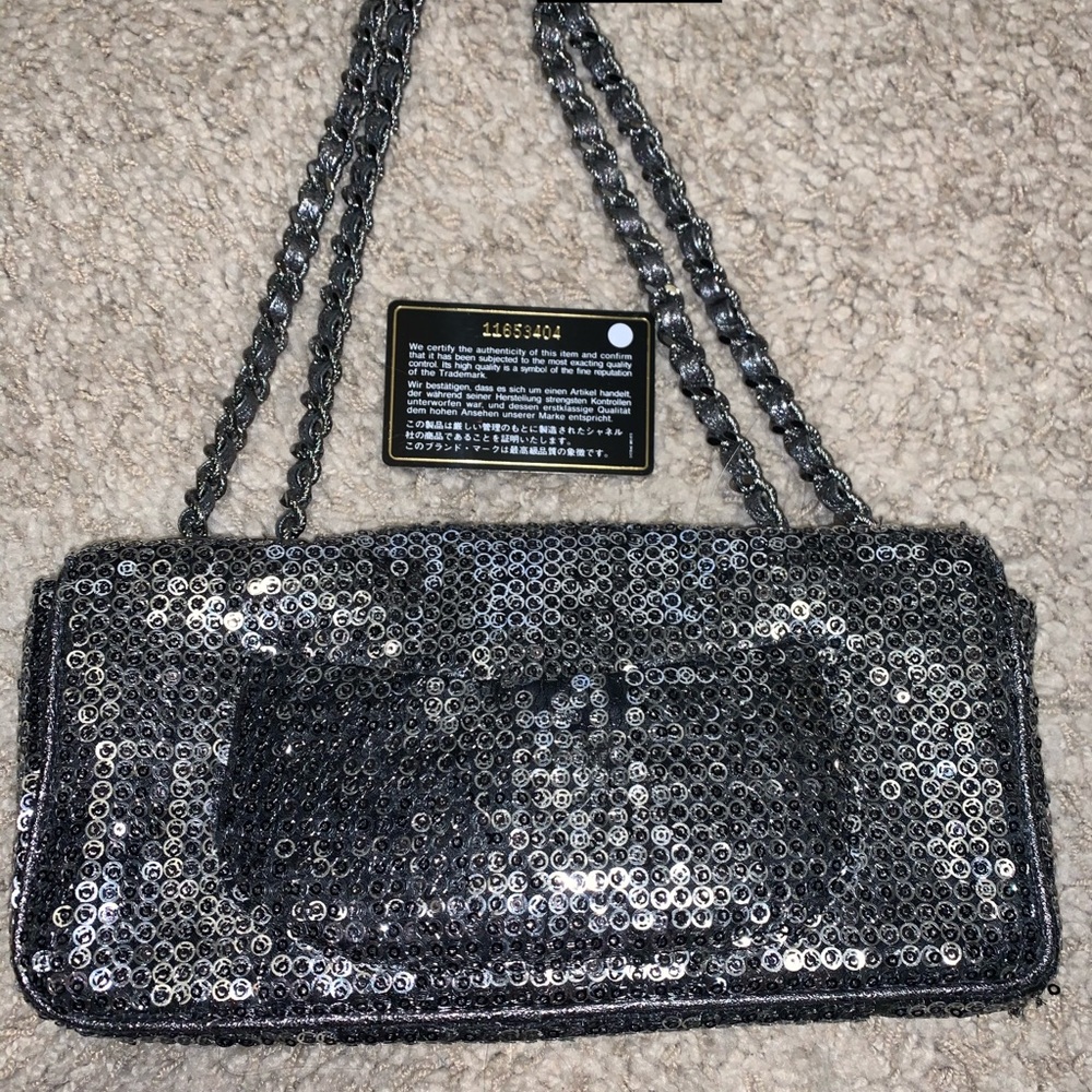 Chanel Sequin Handbag Clutch Silver Classic Bag - Picture 3 of 8